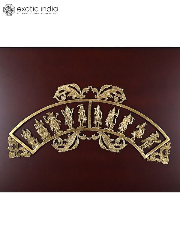 Exotic India 41" Semicircular Dashavatara Of Lord Vishnu | Hoysala Bronze | Wood Framed Sculpture | Wall Hanging 