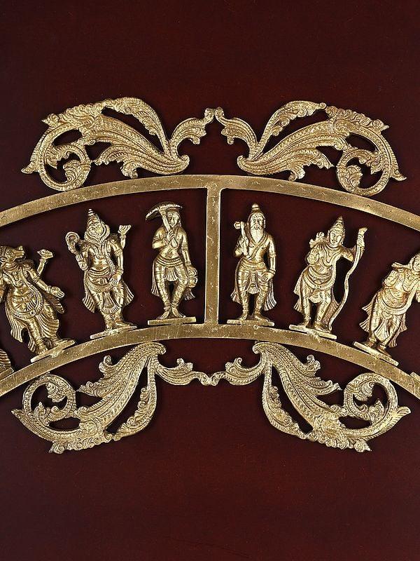 Exotic India 41" Semicircular Dashavatara Of Lord Vishnu | Hoysala Bronze | Wood Framed Sculpture | Wall Hanging 
