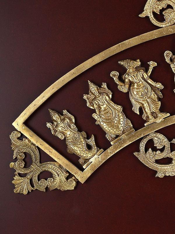 Exotic India 41" Semicircular Dashavatara Of Lord Vishnu | Hoysala Bronze | Wood Framed Sculpture | Wall Hanging 