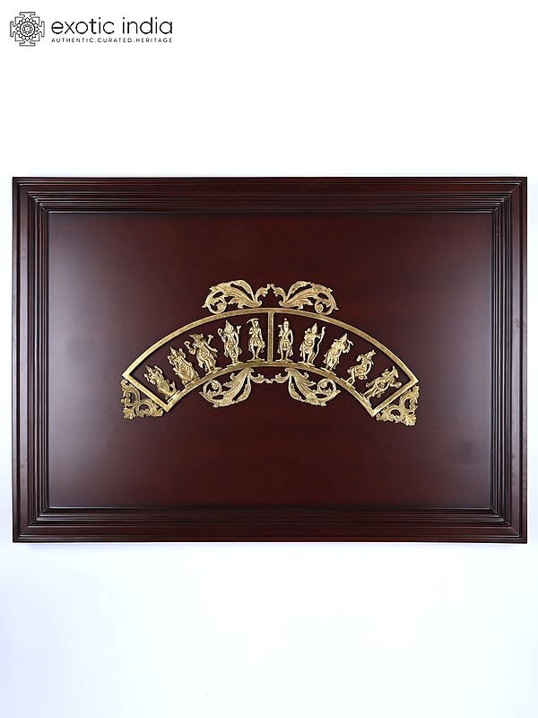 exotic india 41" Semicircular Dashavatara of Lord Vishnu | Hoysala Bronze | Wood Framed Sculpture | Wall Hanging 