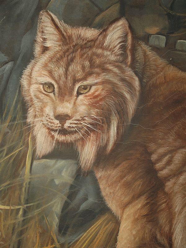 Exotic India 41" Wild Cat Painting With Vintage Wooden Frame | Wall Hanging 