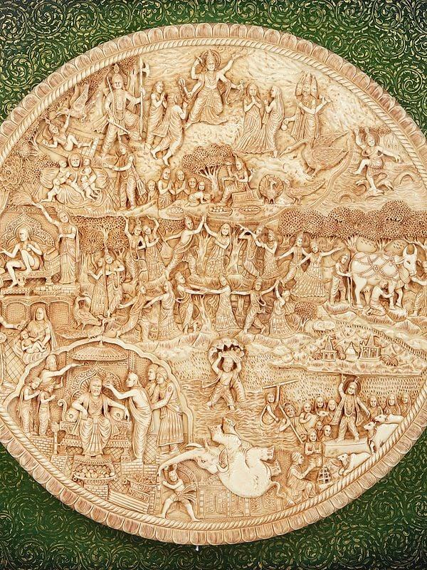Exotic India 42" Large Shri Krishna's Life Story | Wood And Resin Wall Hanging Frame 