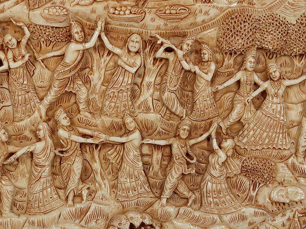 Exotic India 42" Large Shri Krishna's Life Story | Wood And Resin Wall Hanging Frame 
