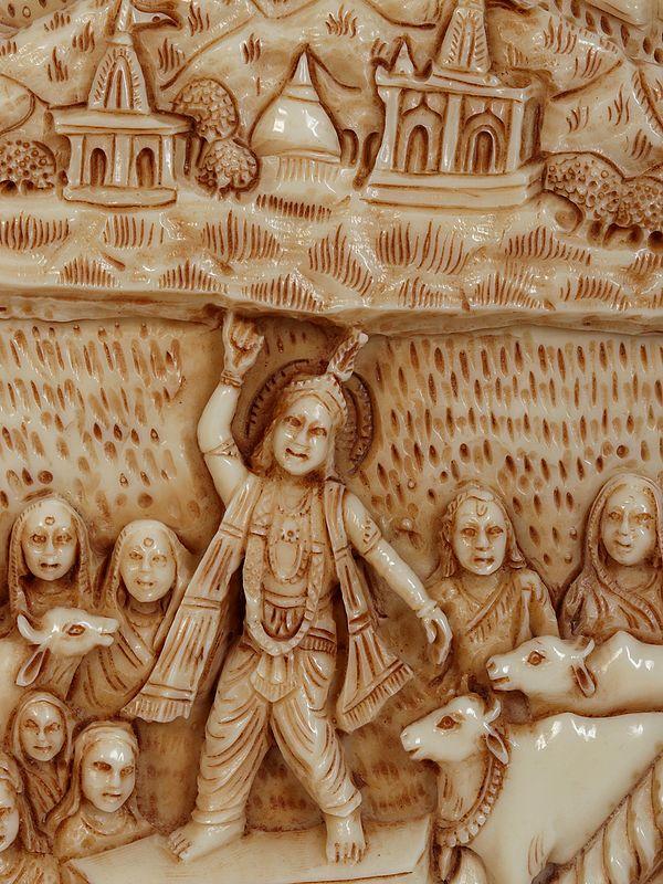 Exotic India 42" Large Shri Krishna's Life Story | Wood And Resin Wall Hanging Frame 