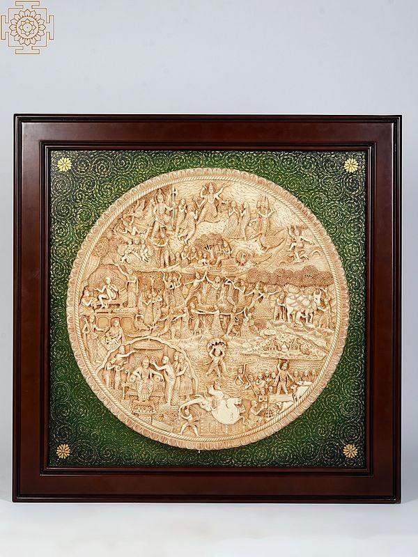 exotic india 42" Large Shri Krishna's Life Story | Wood and Resin Wall Hanging Frame 