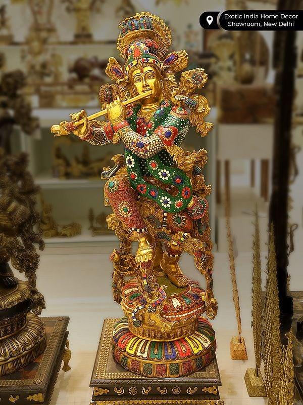 Exotic India 43" Large Fluting Lord Krishna | Brass Statue With Inlay Work 