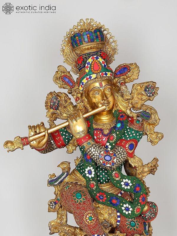 Exotic India 43" Large Fluting Lord Krishna | Brass Statue With Inlay Work 