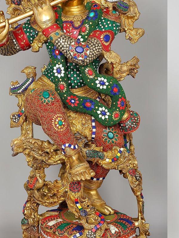 Exotic India 43" Large Fluting Lord Krishna | Brass Statue With Inlay Work 