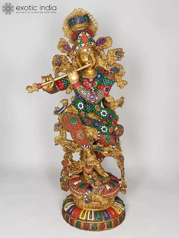 exotic india 43" Large Fluting Lord Krishna | Brass Statue with Inlay Work 