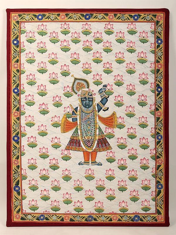 exotic india 43" Shrinathji Pichhwai Painting | Stretched Cotton on Wooden Frame 