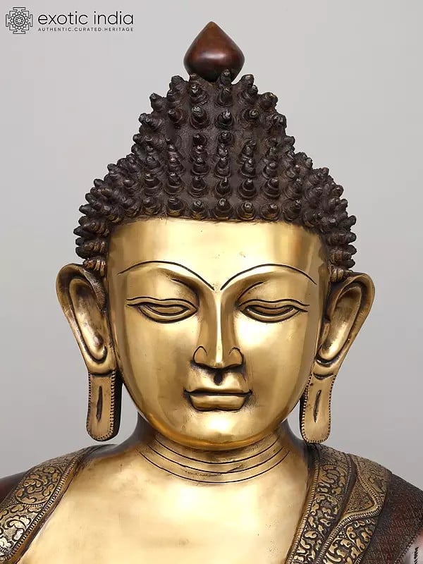 Exotic India 44" Large Gautam Buddha Seated In Vitark Mudra | Brass Statue 