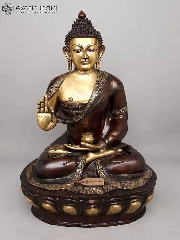 exotic india 44" Large Gautam Buddha Seated in Vitark Mudra | Brass Statue 