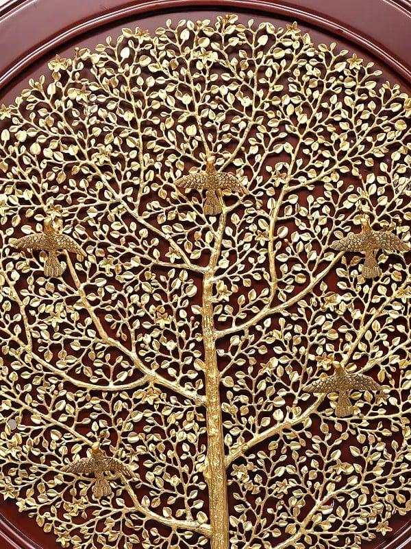 Exotic India 44" Large Size Wood Framed Brass Tree Of Life With Perched Birds | Wall Hanging | Home Decor