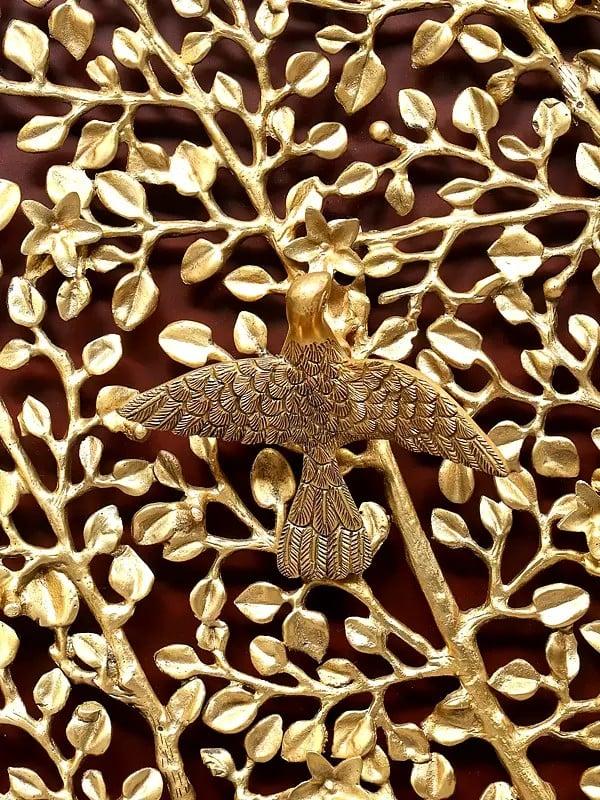 Exotic India 44" Large Size Wood Framed Brass Tree Of Life With Perched Birds | Wall Hanging | Home Decor