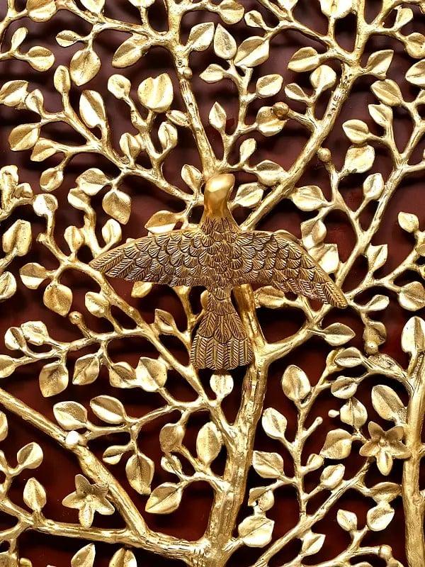 Exotic India 44" Large Size Wood Framed Brass Tree Of Life With Perched Birds | Wall Hanging | Home Decor