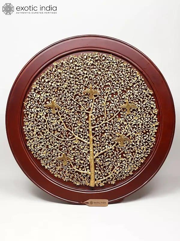 exotic india 44" Large Size Wood Framed Brass Tree of Life with Perched Birds | Wall Hanging | Home Decor
