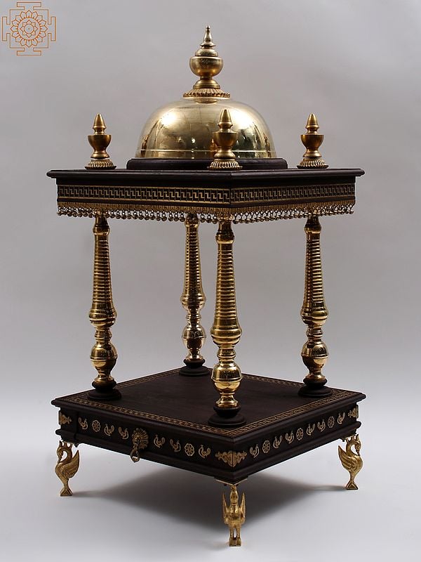 Exotic India 44" Large Wood And Brass Designer Temple With Drawer