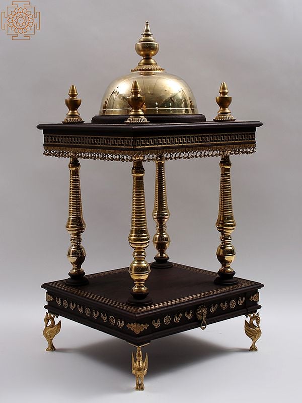 Exotic India 44" Large Wood And Brass Designer Temple With Drawer