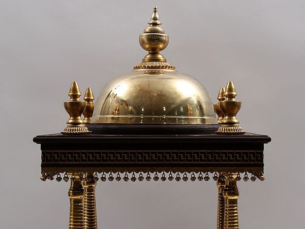 Exotic India 44" Large Wood And Brass Designer Temple With Drawer