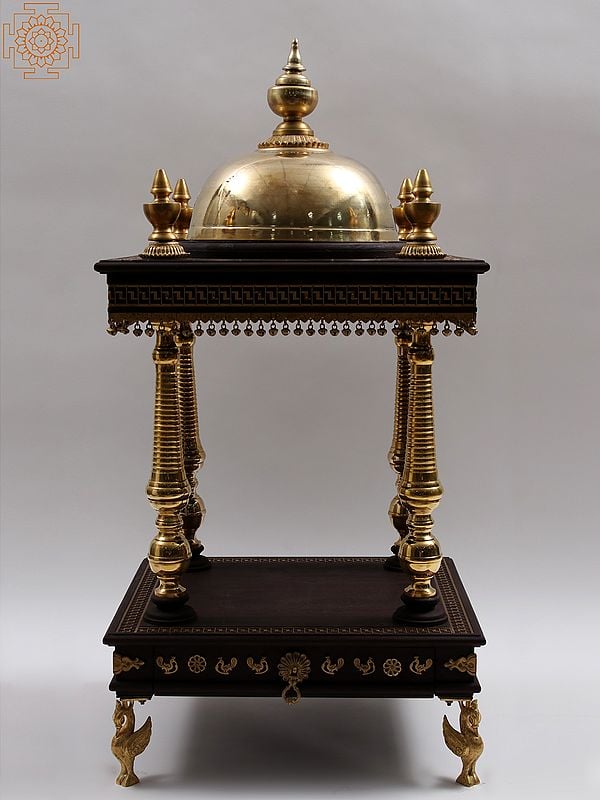 exotic india 44" Large Wood and Brass Designer Temple with Drawer 