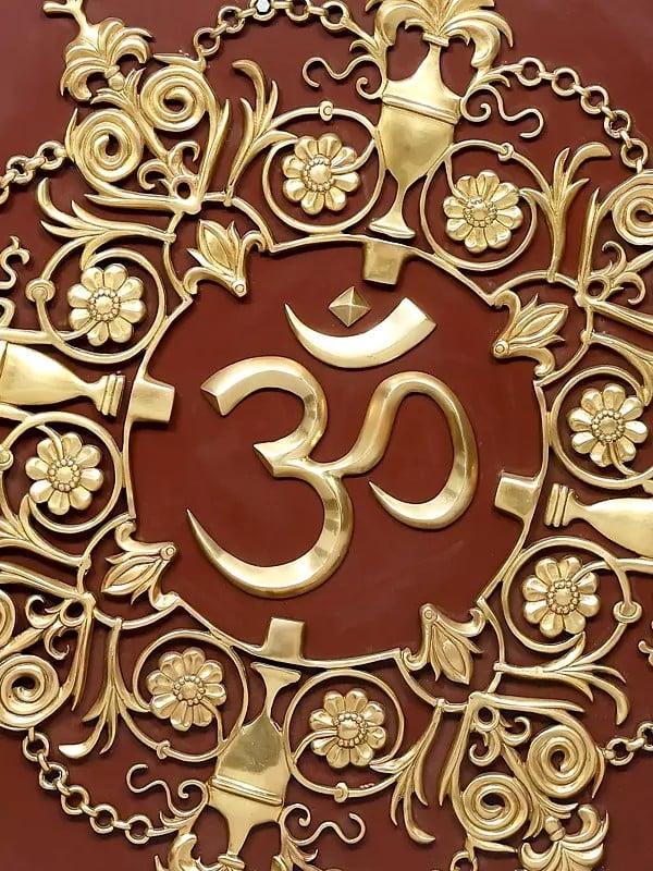 Exotic India 44" Wood Framed Designer Om In Brass | Wall Hanging 