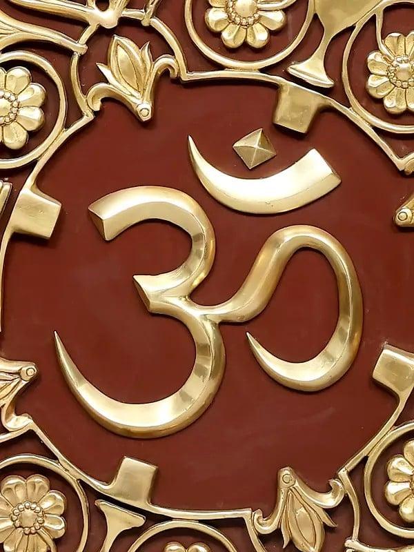 Exotic India 44" Wood Framed Designer Om In Brass | Wall Hanging 