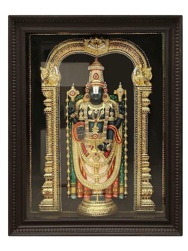 exotic india 45" Lord Venkateshwara Gold Leaf Tanjore Painting with Frame
