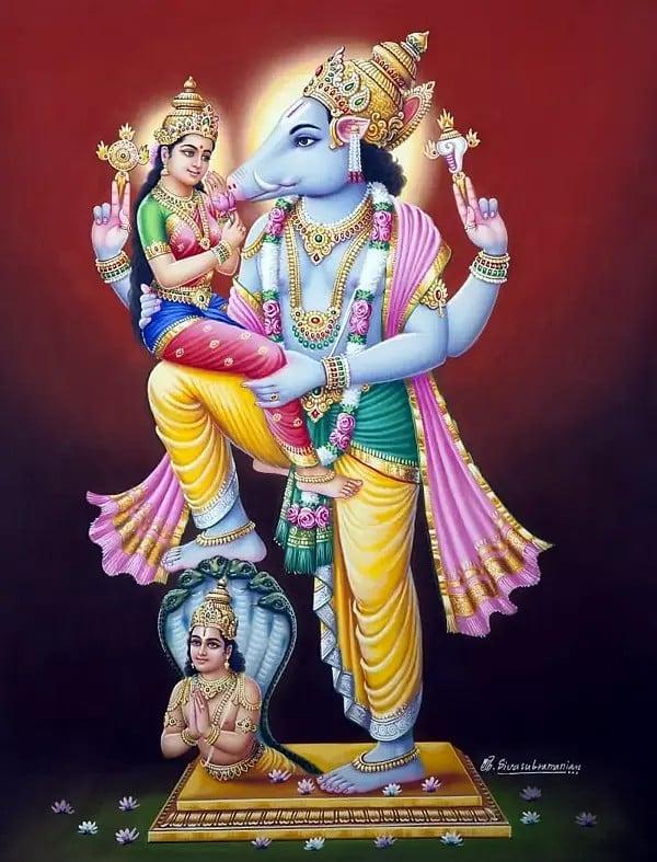 exotic india 45" Lord Vishnu As Varaha Avatar With Goddess Lakshmi | Tanjore Painting With Frame 