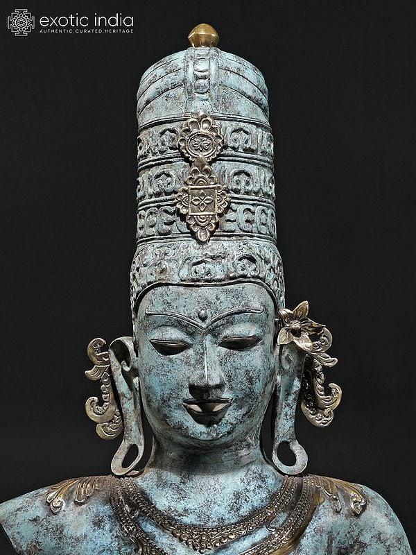 Exotic India 46" Large Goddess Parvati Bust On Wood Base | Balinese Brass Statue 