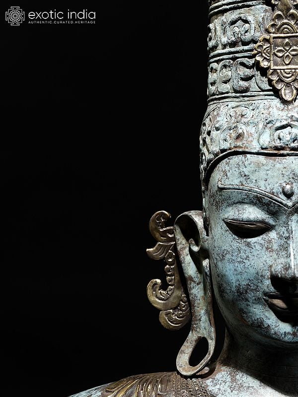 Exotic India 46" Large Goddess Parvati Bust On Wood Base | Balinese Brass Statue 