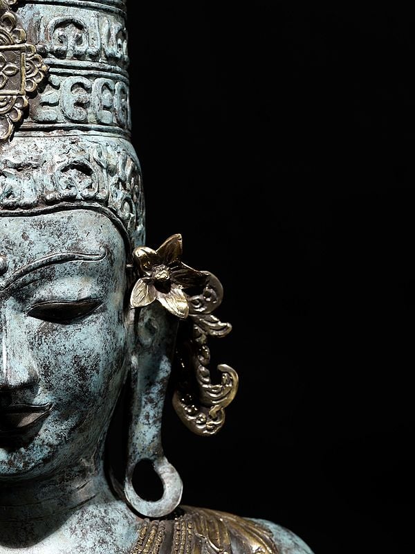 Exotic India 46" Large Goddess Parvati Bust On Wood Base | Balinese Brass Statue 