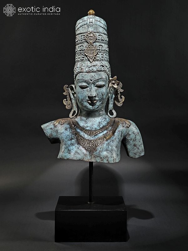 exotic india 46" Large Goddess Parvati Bust on Wood Base | Balinese Brass Statue 