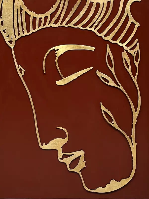 Exotic India 46" Large Wood Framed Buddha Face In Brass | Wall Hanging 