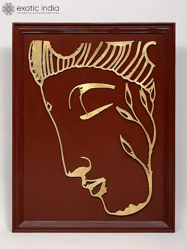 exotic india 46" Large Wood Framed Buddha Face in Brass | Wall Hanging 