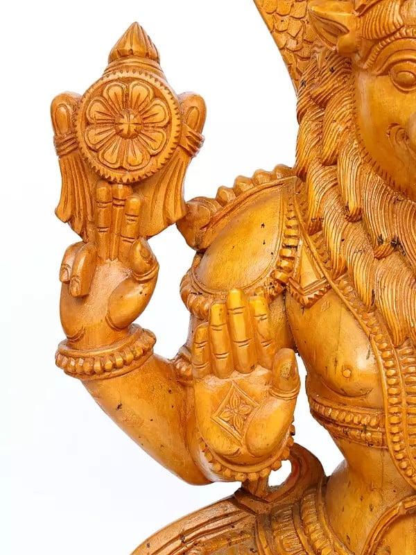 Exotic India 46" Lord Narasimha Seated On Sheshnag With Devi Lakshmi | Wood Carving 