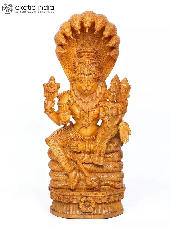 exotic india 46" Lord Narasimha Seated on Sheshnag with Devi Lakshmi | Wood Carving 