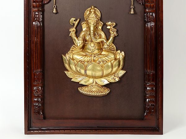 Exotic India 47" Lord Ganesha Seated On Lotus In Brass | Wooden Wall Hanging Frame 