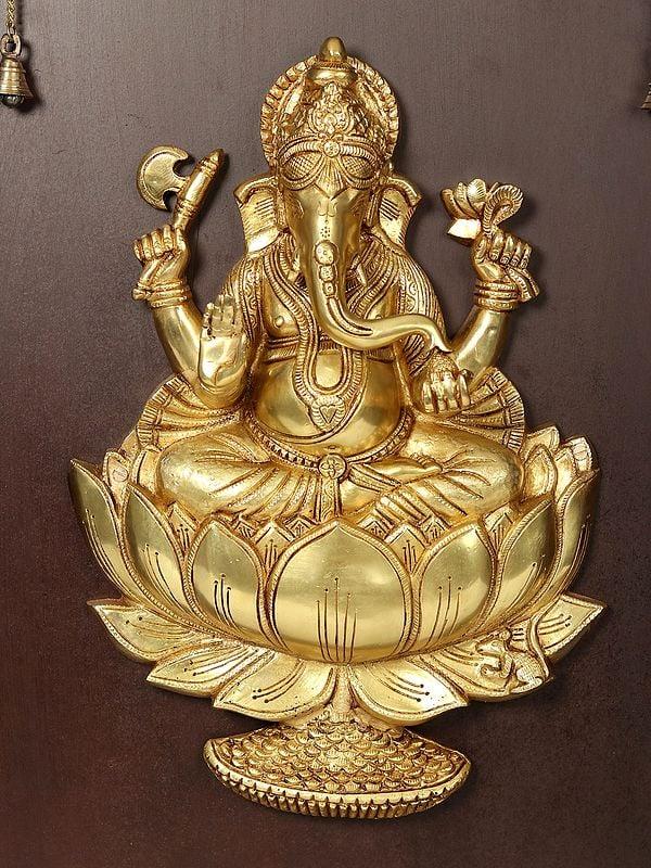 Exotic India 47" Lord Ganesha Seated On Lotus In Brass | Wooden Wall Hanging Frame 