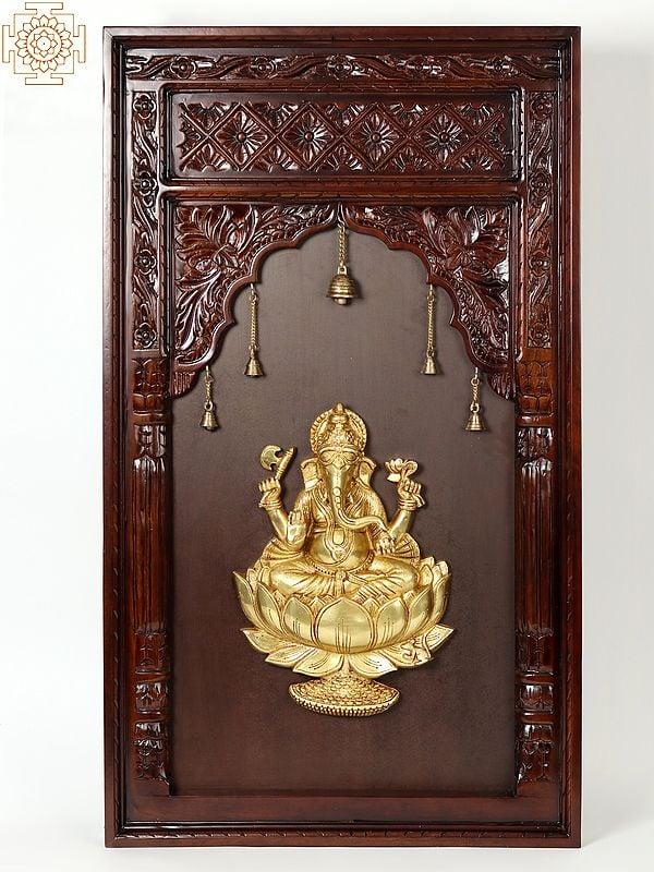 exotic india 47" Lord Ganesha Seated On Lotus in Brass | Wooden Wall Hanging Frame 