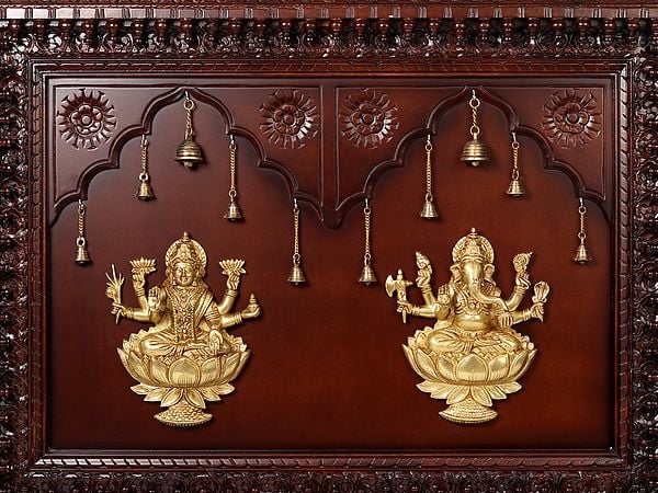 Exotic India 48" Ganesha And Lakshmi In Brass | Wooden Wall Hanging Frame 
