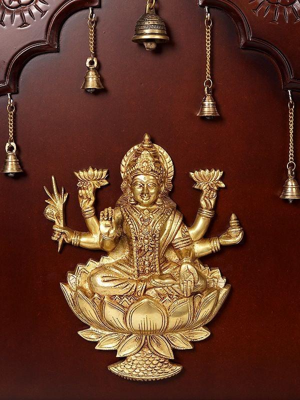 Exotic India 48" Ganesha And Lakshmi In Brass | Wooden Wall Hanging Frame 