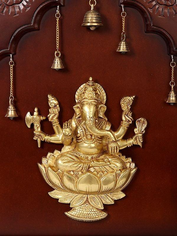 Exotic India 48" Ganesha And Lakshmi In Brass | Wooden Wall Hanging Frame 