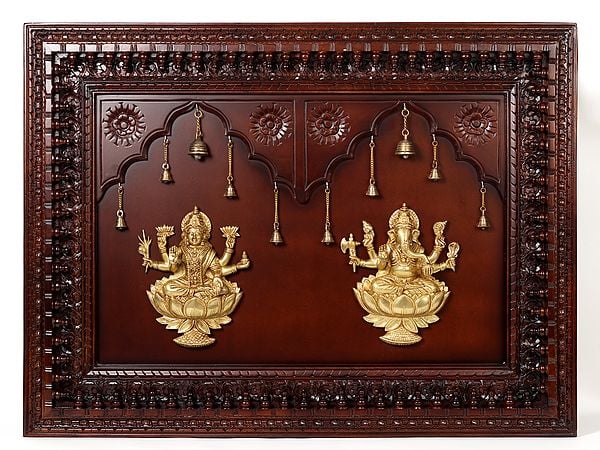exotic india 48" Ganesha and Lakshmi in Brass | Wooden Wall Hanging Frame 