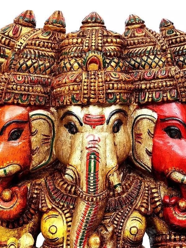 Exotic India 48" Large Colorful Ten Armed Panchamukhi Lord Ganesha | Wood Carving 