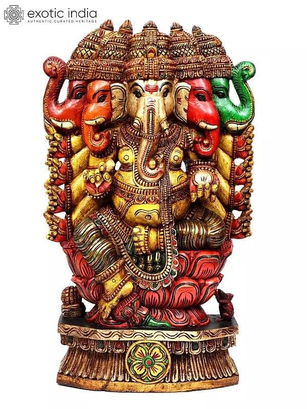 exotic india 48" Large Colorful Ten Armed Panchamukhi Lord Ganesha | Wood Carving 