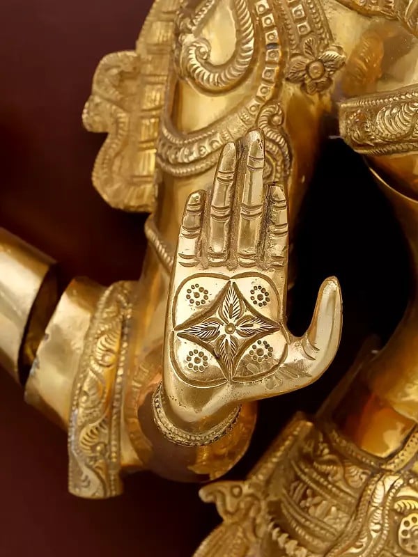 Exotic India 48" Large Four Armed Standing Goddess Lakshmi | Wood Framed Brass Sculpture | Wall Hanging 