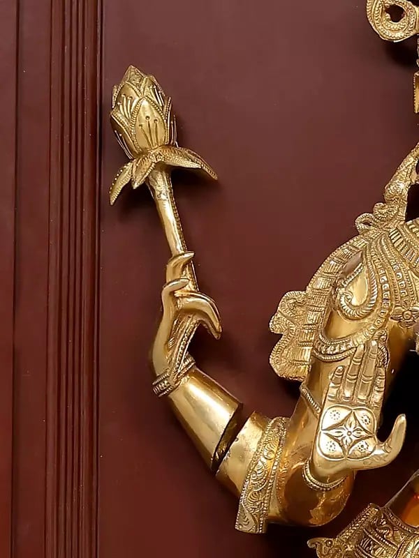 Exotic India 48" Large Four Armed Standing Goddess Lakshmi | Wood Framed Brass Sculpture | Wall Hanging 