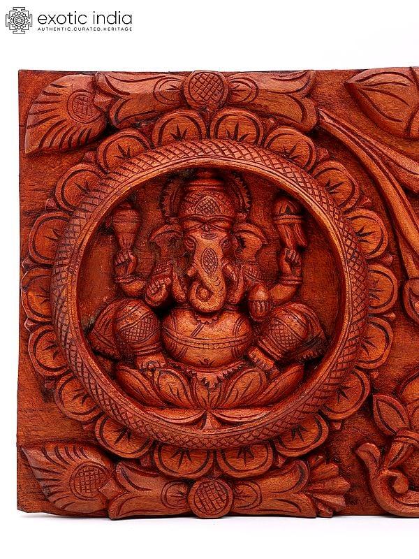 Exotic India 48" Large Ganesha Lakshmi Saraswati Wall Hanging Panel | Wood Carving 