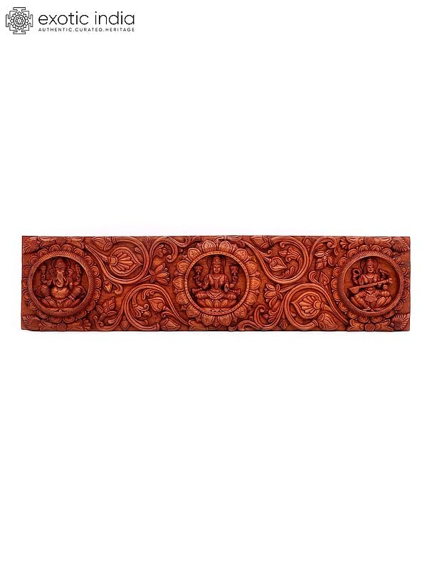 exotic india 48" Large Ganesha Lakshmi Saraswati Wall Hanging Panel | Wood Carving 