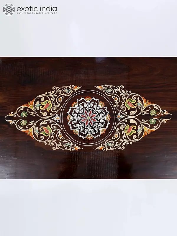 Exotic India 48" Large Rectangular Shaped Wooden Chowki/Pedestal With Inlay Wrok